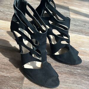 Forever 21‎ Womens Gladiator Sandals Stiletto Heel sz 8.5 Black Open Toe Suede